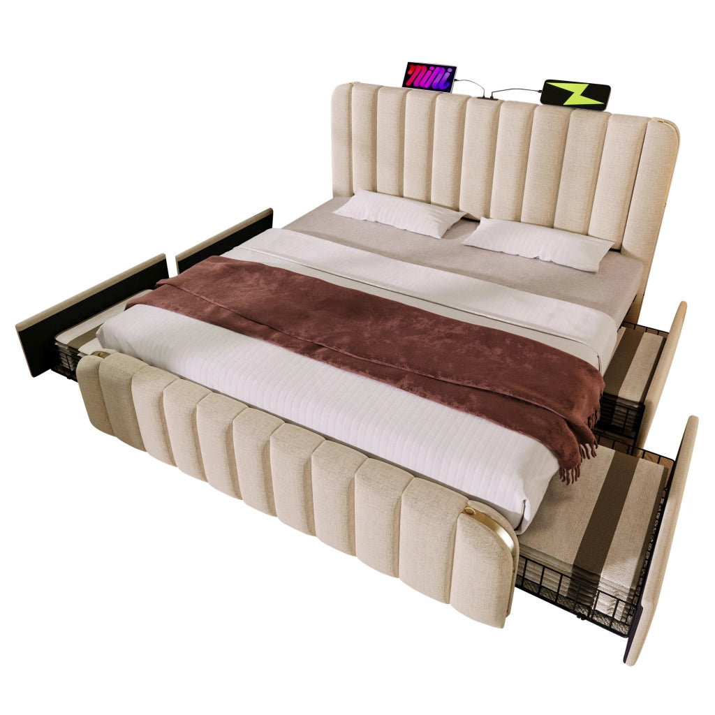 Letto matrimoniale imbottito 160x200 cm in lino beige con 4 cassetti; USB e materasso