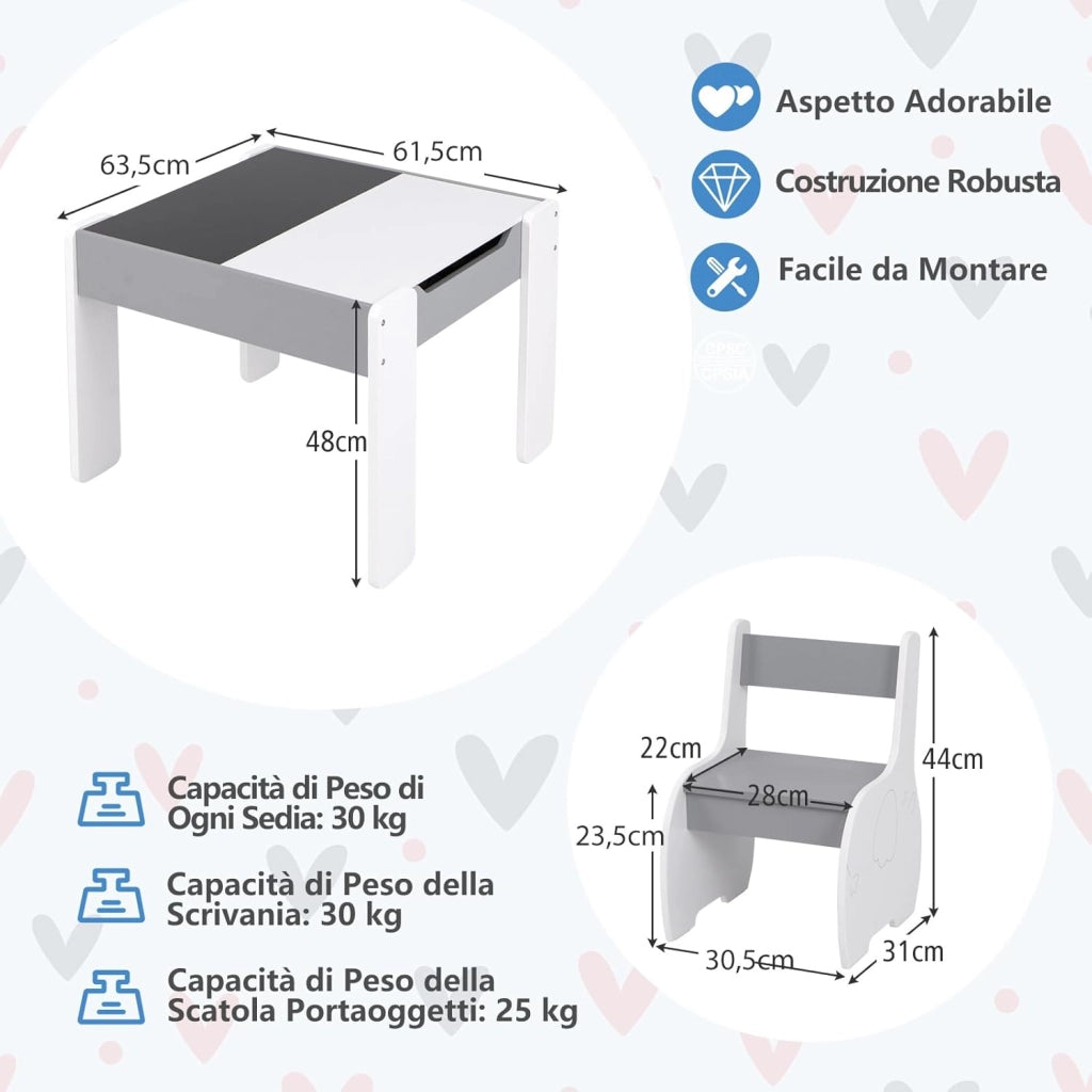 Tavolo e Sedie per Bambini 3 in 1, Tavolino con Lavagna Rimovibile e Archiviazione, per Cameretta (Bianco e Grigio)