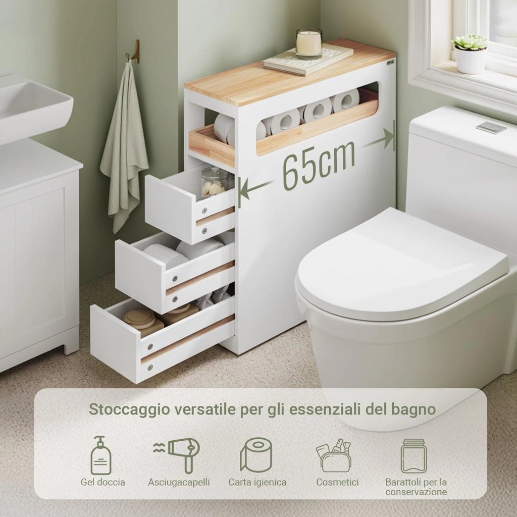 Mobile Bagno, Mobile Salvaspazio con 3 Cassetti, Ripiano in Legno e Rotelle – Mobiletti Stretti, Cassettiera Bagno da Terra, Struttura Resistente e Design Moderno BZR54-II-W