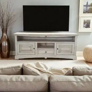 Mobile Porta tv Shabby chic in legno laccato bianco anticato rustico mod goccia con cassetto