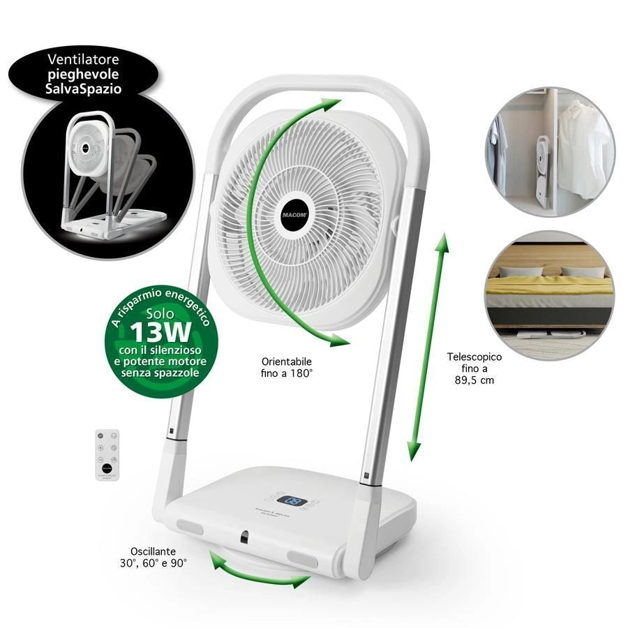 Macom 986 Slimmy Ventilatore a Piantana Pieghevole 9 Velocita' 13W Timer 8h Telecomando colore Bianco