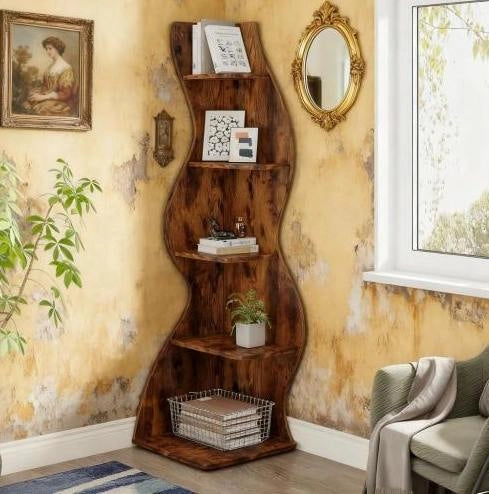 Scaffale ad angolo a 5 livelli per piante e libri, design salvaspazio per parete