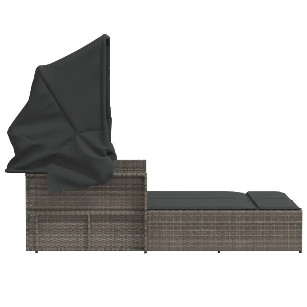 Sdraio da giardino | Lettino Doppio con Baldacchino e Cuscini Grigio in Polyrattan