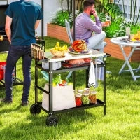 Carrello per Barbecue con Piano in Acciaio e Ripiano Regolabile, Ruote e Ganci, 100x52x80 cm, Nero
