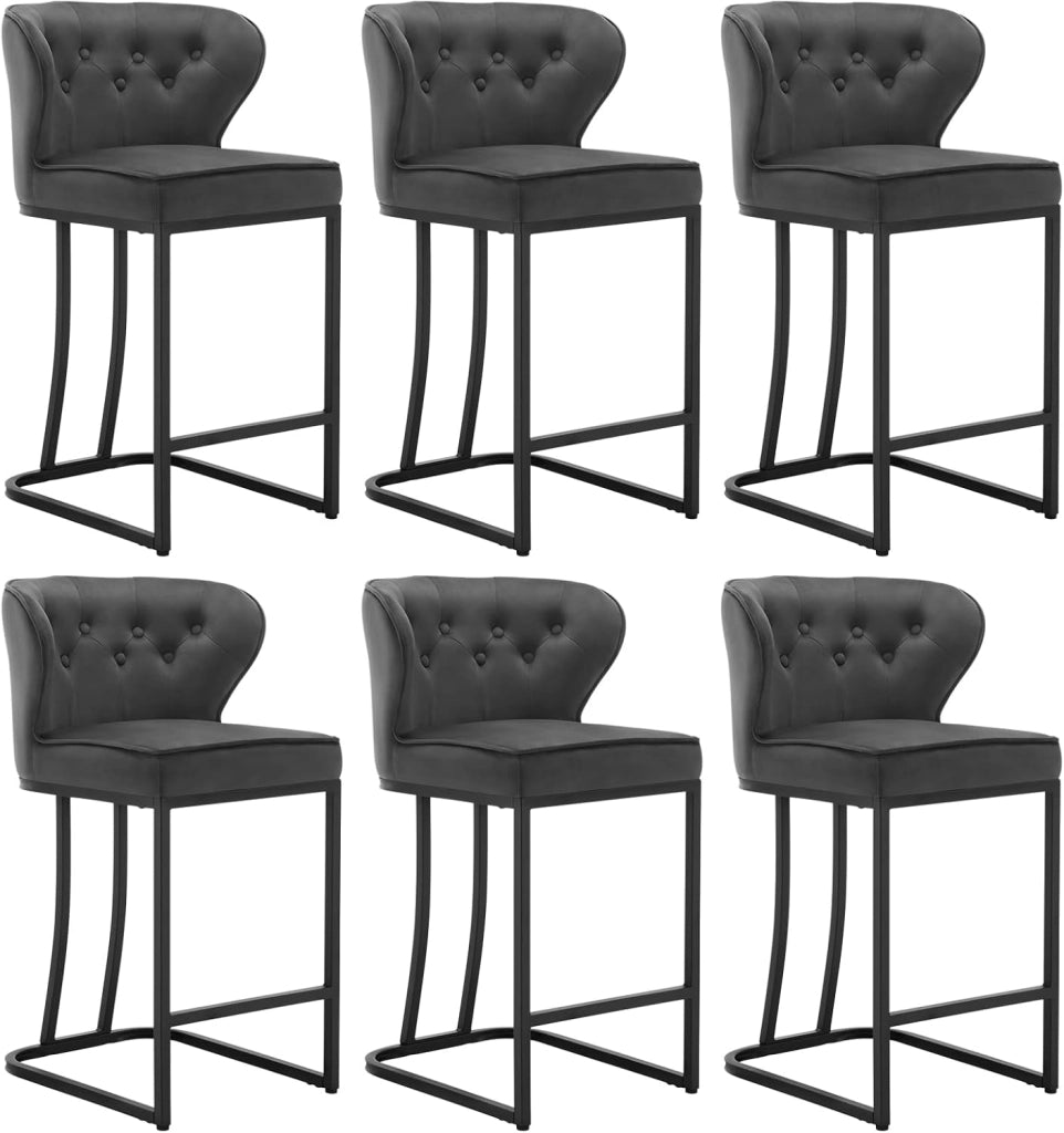 Set di 6 Sgabelli da Bar con Schienale, Sedie Sala da Pranzo con Poggiapiedi, Sedie Ergonomica per Cucina, Camera da Letto, Soggiorno, Sgabelli in Velluto e Gambe in Metallo, Nero, BH383sz-6