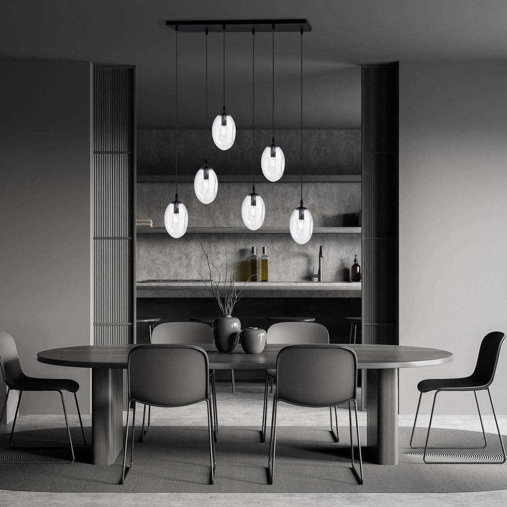 Sospensione Minimal 6 Luci Pendragon Acciaio Nero E Vetro Trasparente