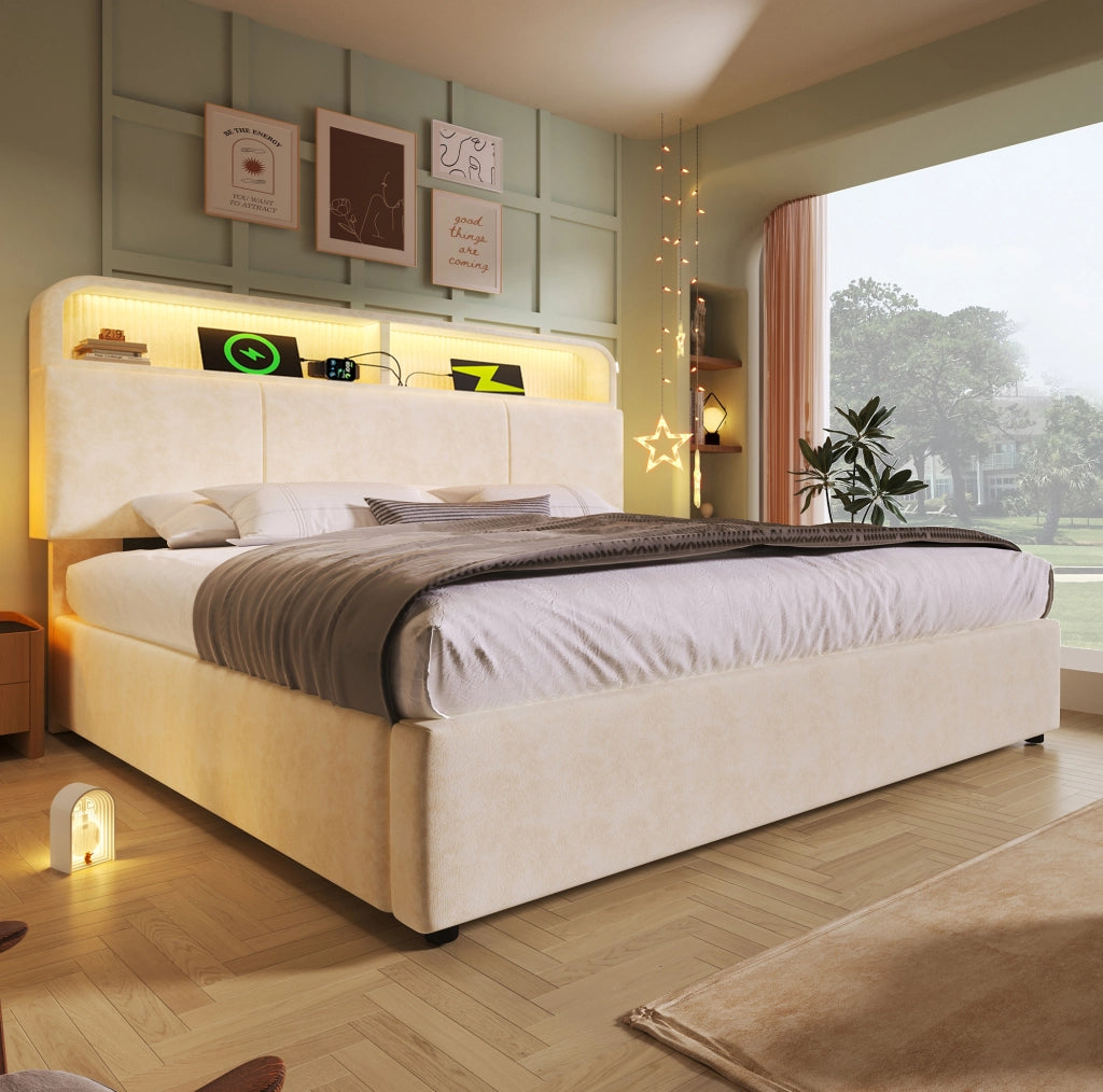 Letto 180x200 cm con contenitore; LED e stazione di ricarica in velluto beige