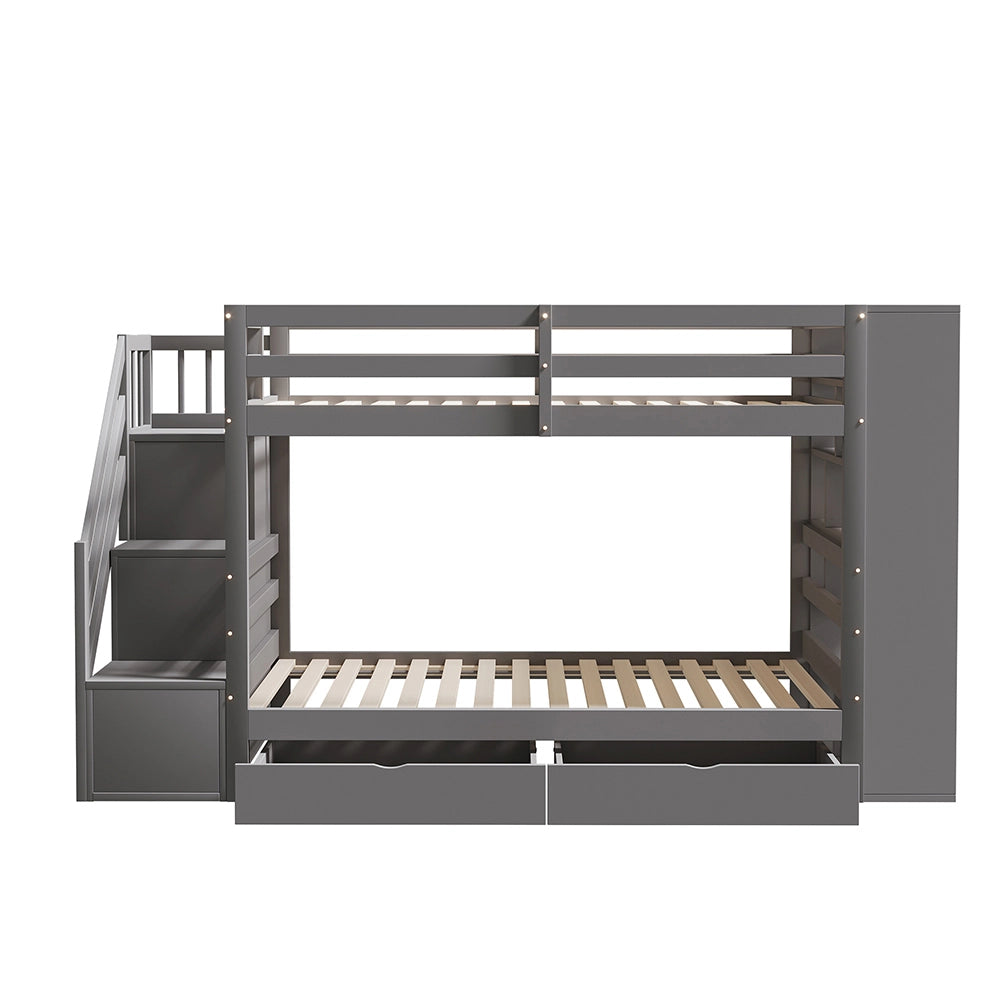 Letto a castello 90x200 cm - Xylo - Grigio con scala di sicurezza e cassetti