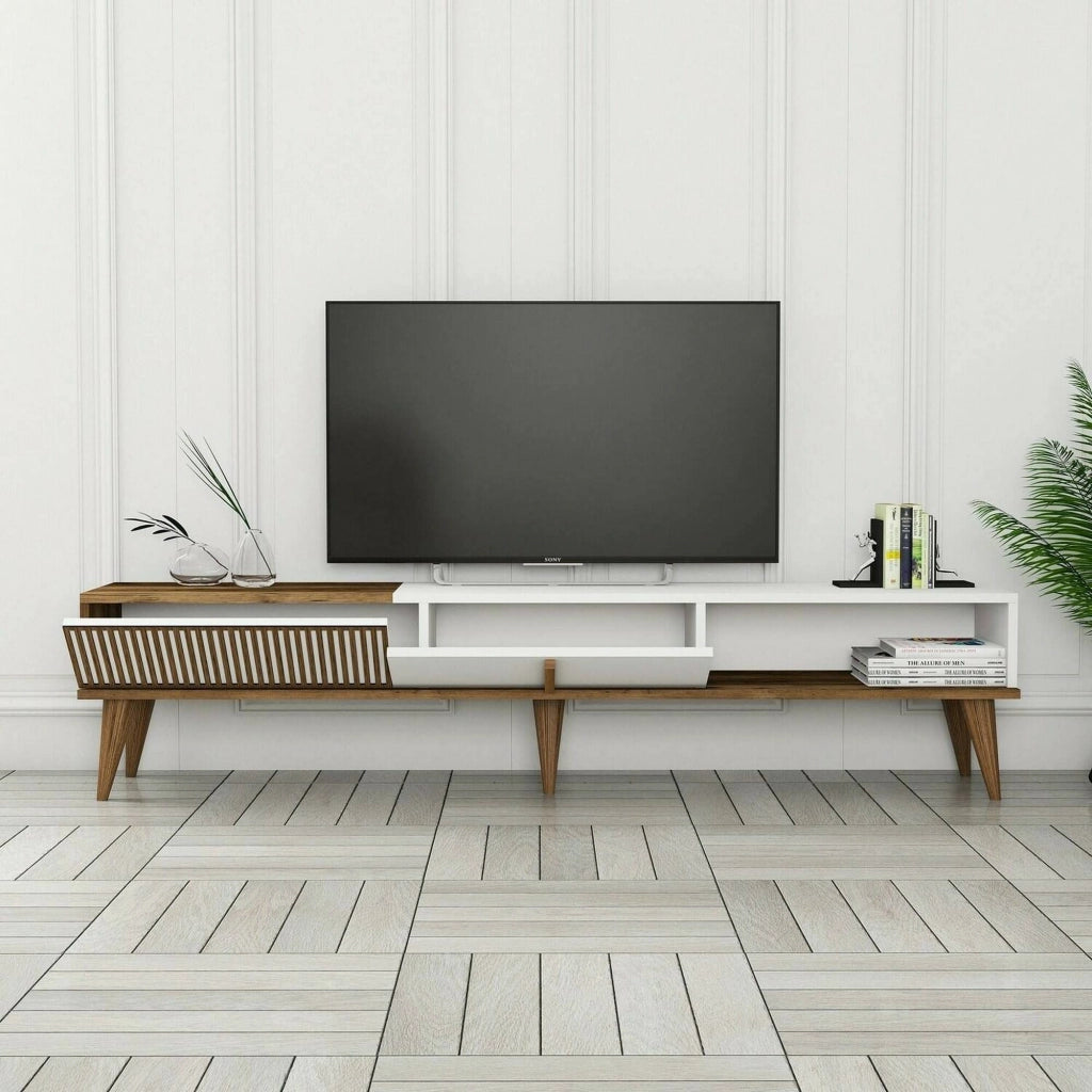 Mobile porta TV Jakuchu, Credenza da soggiorno, Armadio basso per TV, Base parete attrezzata, 180x35h40 cm, Noce e Bianco