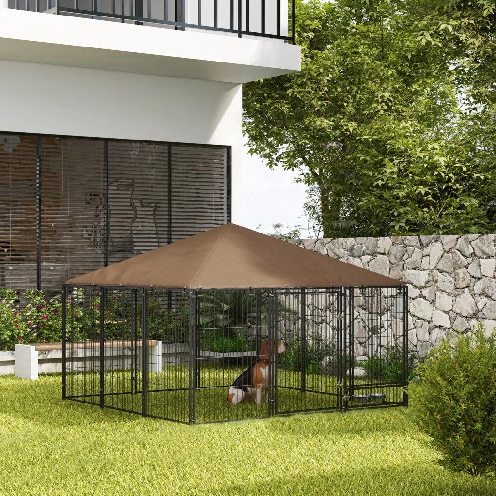 Recinto per Cani in Metallo e Tessuto Oxford con Porticina per Ciotole, 211x211x151 cm, Nero e Marrone
