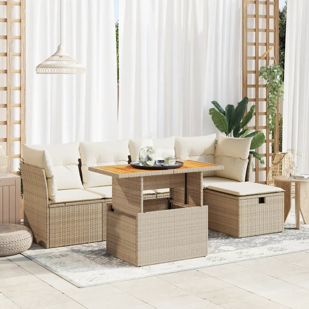 Set Divano da Giardino 6 pz con Cuscini Beige Polyrattan Acacia 3327968