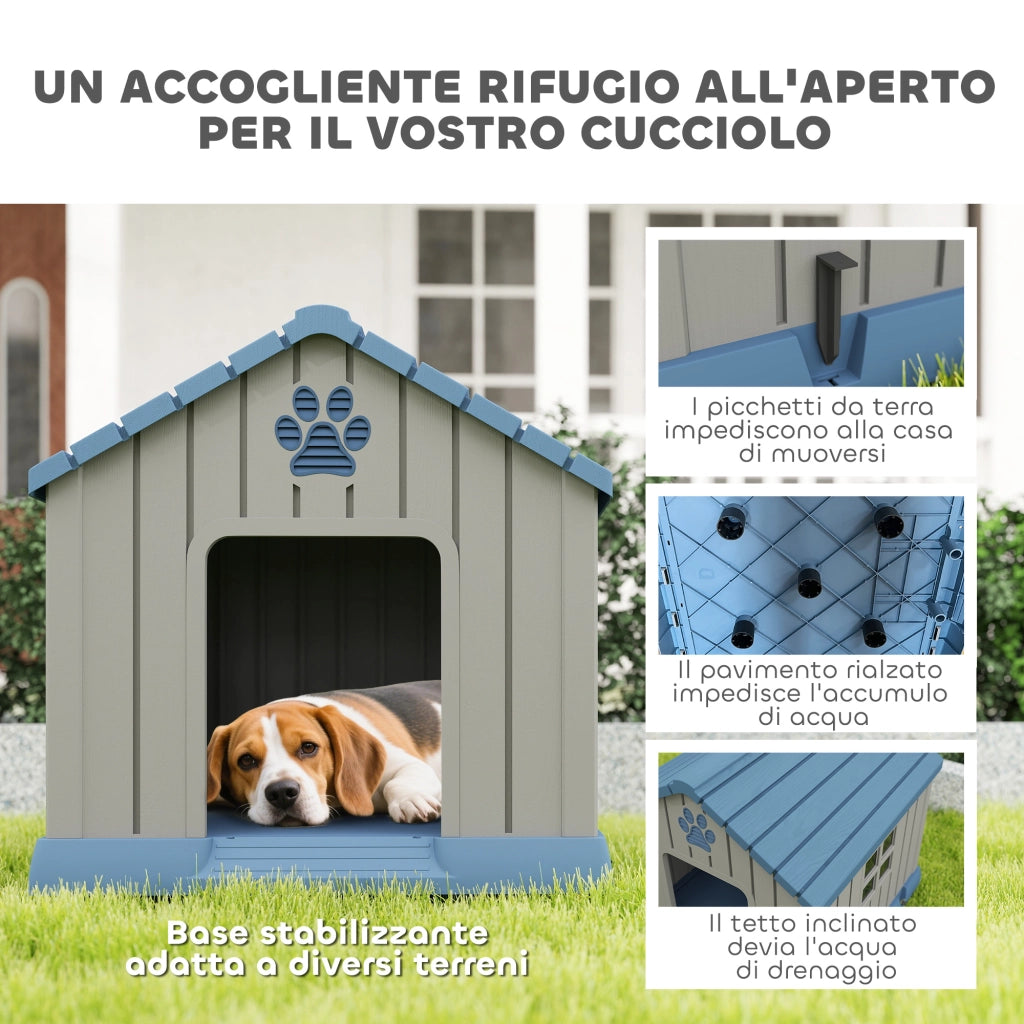Casetta per Cani da Esterno 85x79x82 cm con Base Rialzata e Finestre in Plastica Grigio