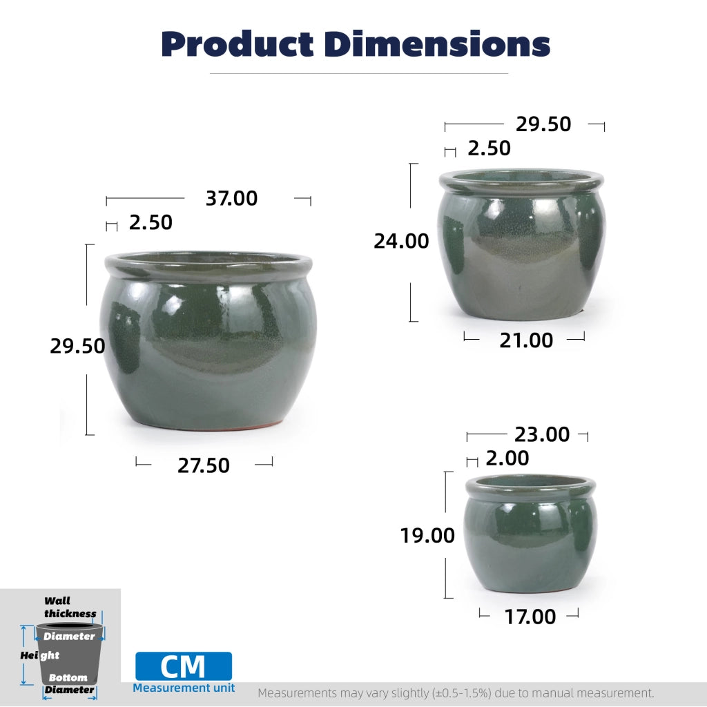 Fioriera in ceramica fatta a mano con smalto lucido anticato verde-blu e fori di drenaggio Ø 37 cm