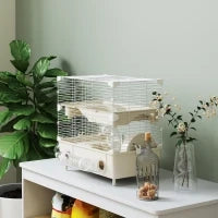 Gabbia per Criceti a 2 Livelli e 3 Porte con Ruota e Tubi, in Acciaio, PS e PP, 44.5x28x44 cm, Crema e Bianco