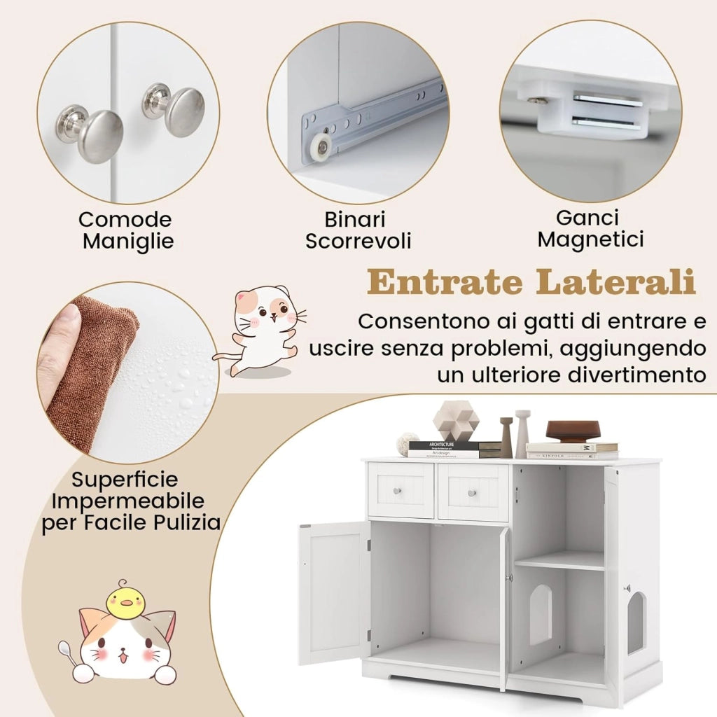 Lettiera Nascosto per Gatti, Mobile Laterale per Gatti con 2 Cassetti, 3 Porte e Dispositivi Anti-Ribaltamento, Armadio Moderno per Animali Domestici, Bianco