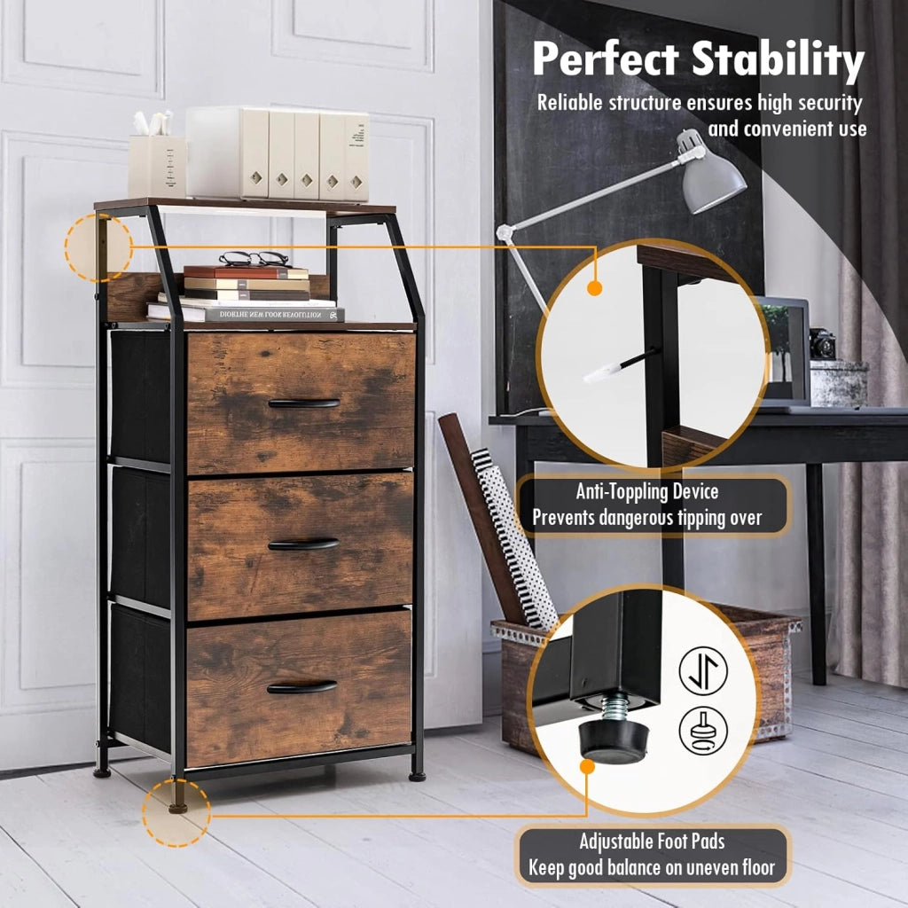 Armadietto verticale con 3 cassetti in tessuto e 2 ripiani aperti, comodino con protezione anti-ribaltamento, armadietto, cassettiera, 45 x 30 x 92 cm, stile industriale