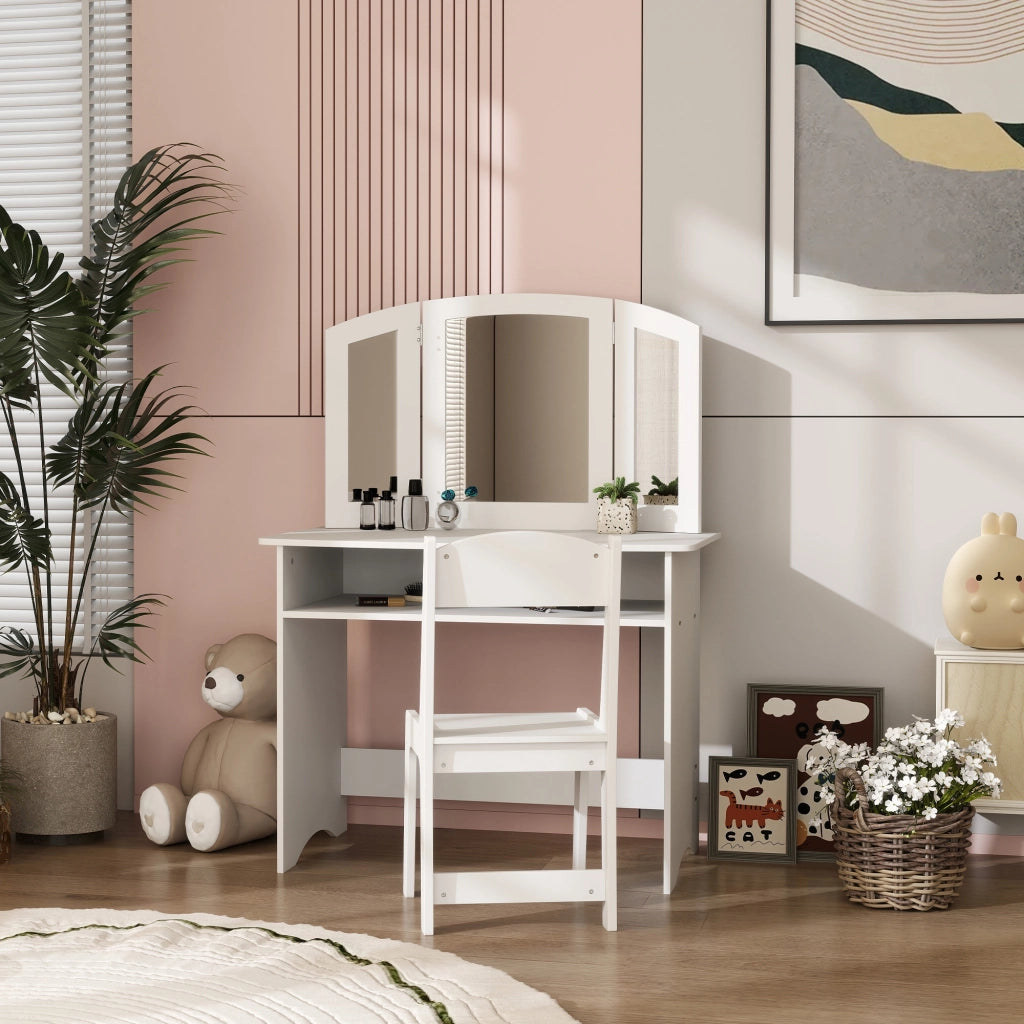 Tavolo trucco bambini con specchio triplo e sedia ¨C zephmum ¨C bianco