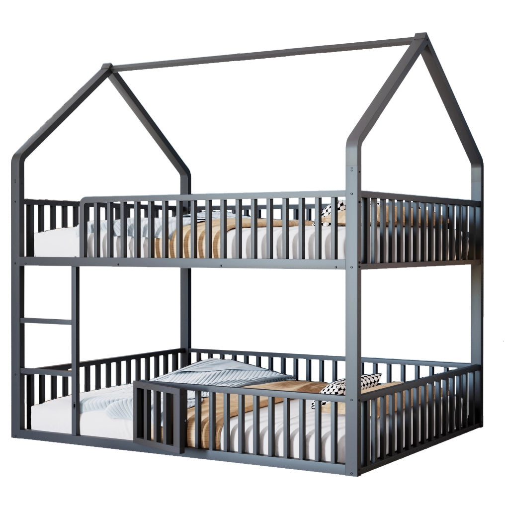 Letto a castello in metallo 140x200 cm con scala frontale; struttura a casetta; nero