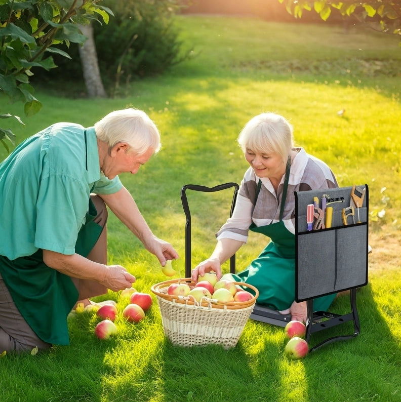 Panca pieghevole da giardino con cuscino ginocchia e tasche porta attrezzi, 58x28x49 cm, capacità 150 kg, colore grigio