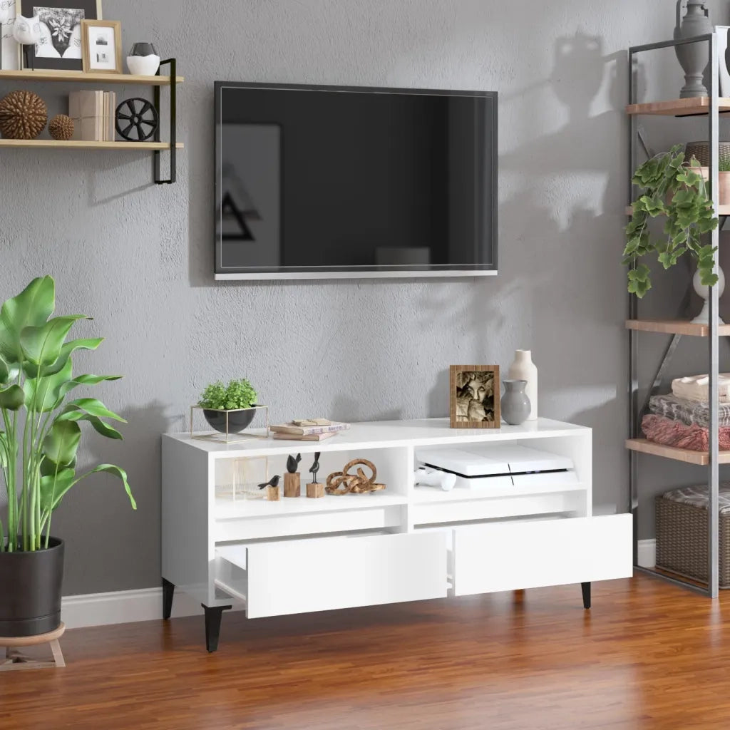 Mobile Porta TV-Mobile per TV-Credenza TV Bianco Lucido 100x34,5x44,5cm Legno Multistrato 961044