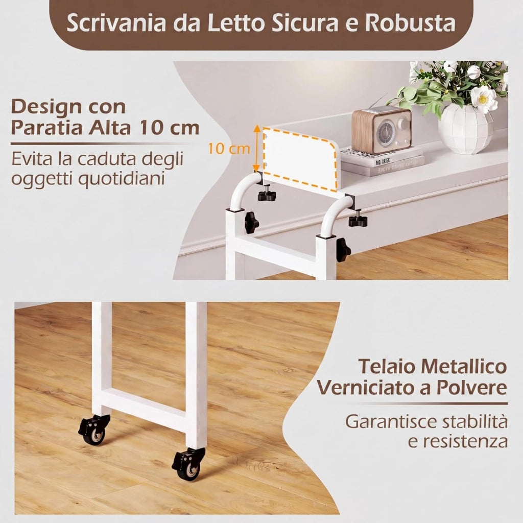Scrivania da Letto con Ruote, Tavolino da Letto Salvaspazio con Altezza e Lunghezza Regolabili, Telaio in Metallo, Scrivania Portatile per Camera da Letto, Soggiorno e Ospedale (Bianco)
