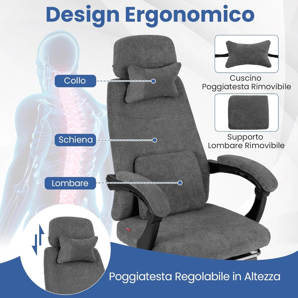 Sedia da Ufficio Reclinabile, Poltrona da Scrivania con Braccioli e Poggiapiedi Retrattile, Schienale Rogolabile, Poltrona Esecutiva Ergonomica con Cuscini per Collo e Lombari, Grigio