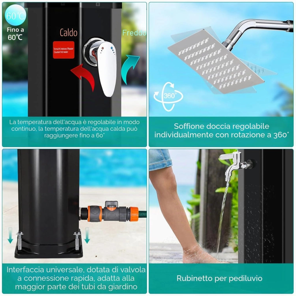 Doccia Solare 60 L, Doccia Solare da Giardino, con Soffione, Rubinetto, Scatola di Sapone e Custodia Protettiva, Acqua Calda fino a 60 °C, Attacco per Tubo da Giardino, Doccia per Piscina e Campeggio