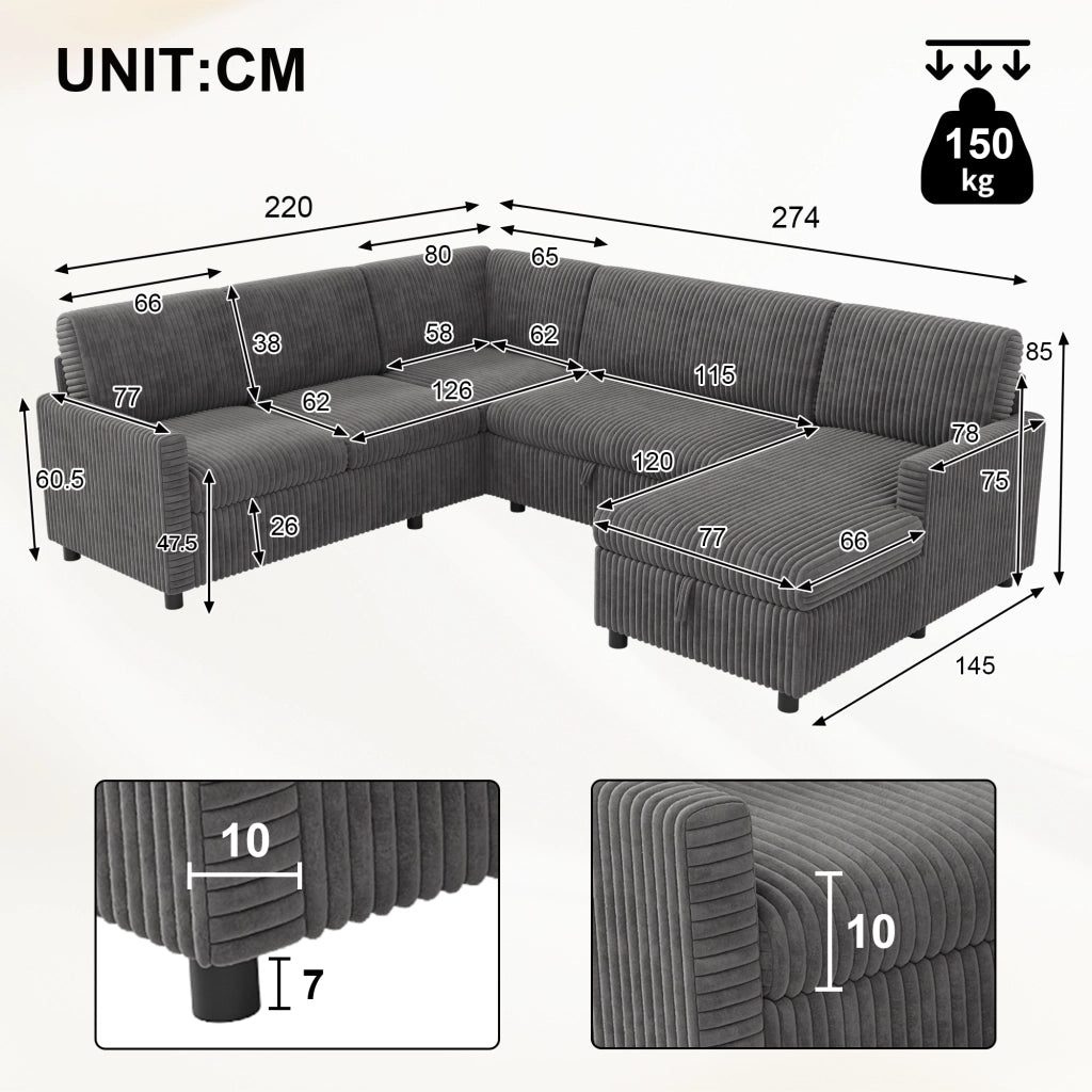 Divano panoramico a U convertibile con letto, contenitore e tessuto a coste, grigio 274 × 220 × 85 cm