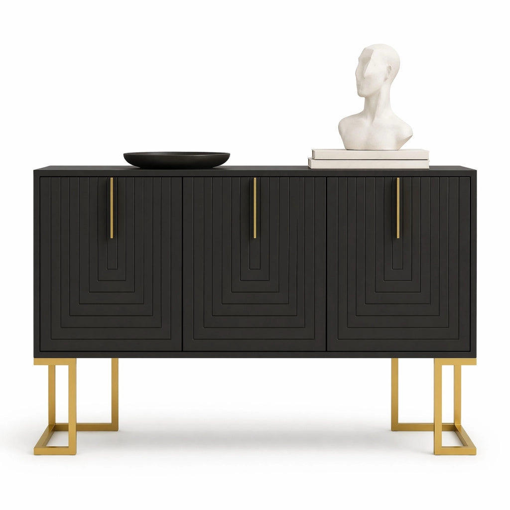 Credenza 3 ante con ripiani regolabili; struttura in MDF e base in metallo; nera