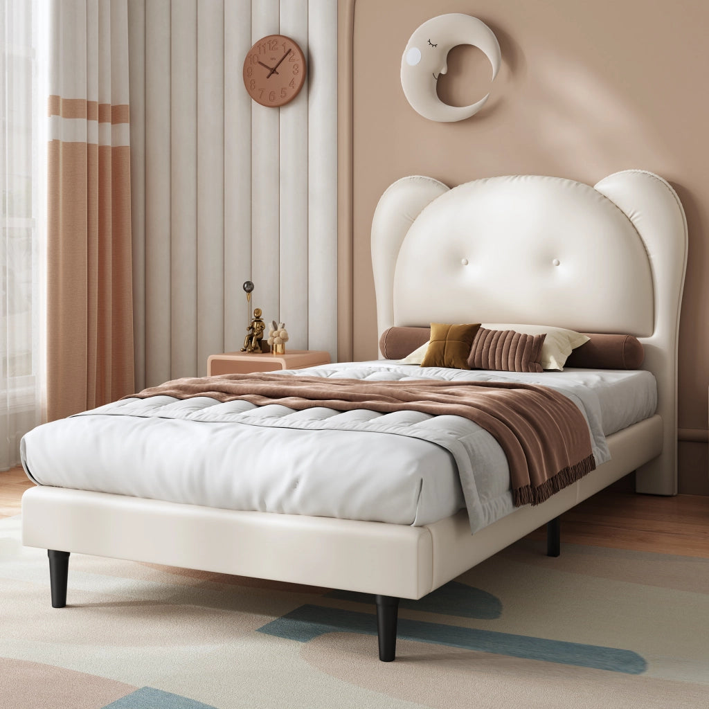 Letto per Bambini 90x200 cm; Letto Singolo - Testiera a Forma di Animale - PU - Beige