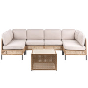 Divano modulare da giardino a forma di U beige chiaro in rattan PE 6 posti con tavolino in vetro struttura in metallo e cuscini stile moderno
