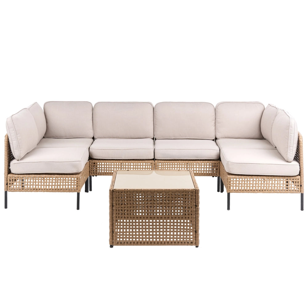 Divano modulare da giardino a forma di U beige chiaro in rattan PE 6 posti con tavolino in vetro struttura in metallo e cuscini stile moderno