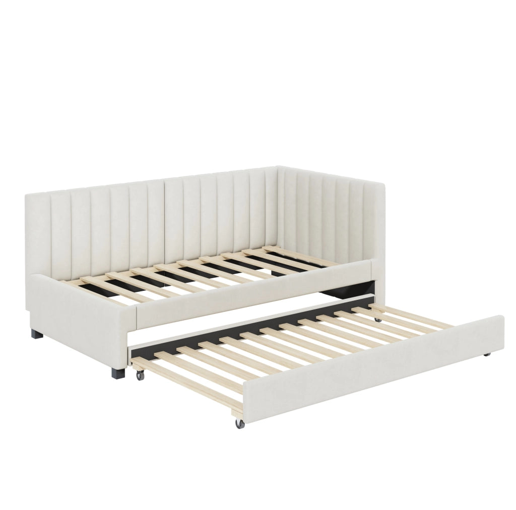 Letto imbottito 90x200 estraibile con rete a doghe, beige