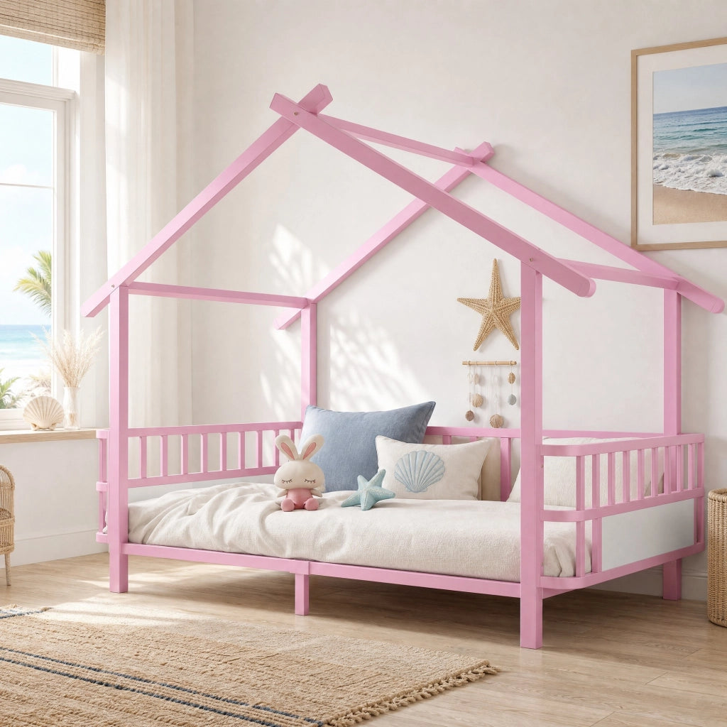 Letto per bambini 90 × 200 cm con barriera di sicurezza e tetto, senza materasso, in metallo, rosa