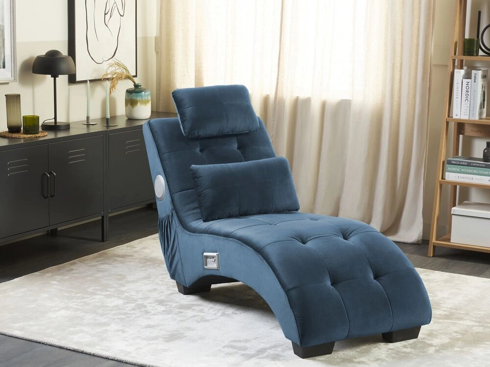 Chaise longue Velluto blu scuro Altoparlante Bluetooth integrato Caricabatterie USB Design moderno Divano curvo per 1 persona Soggiorno