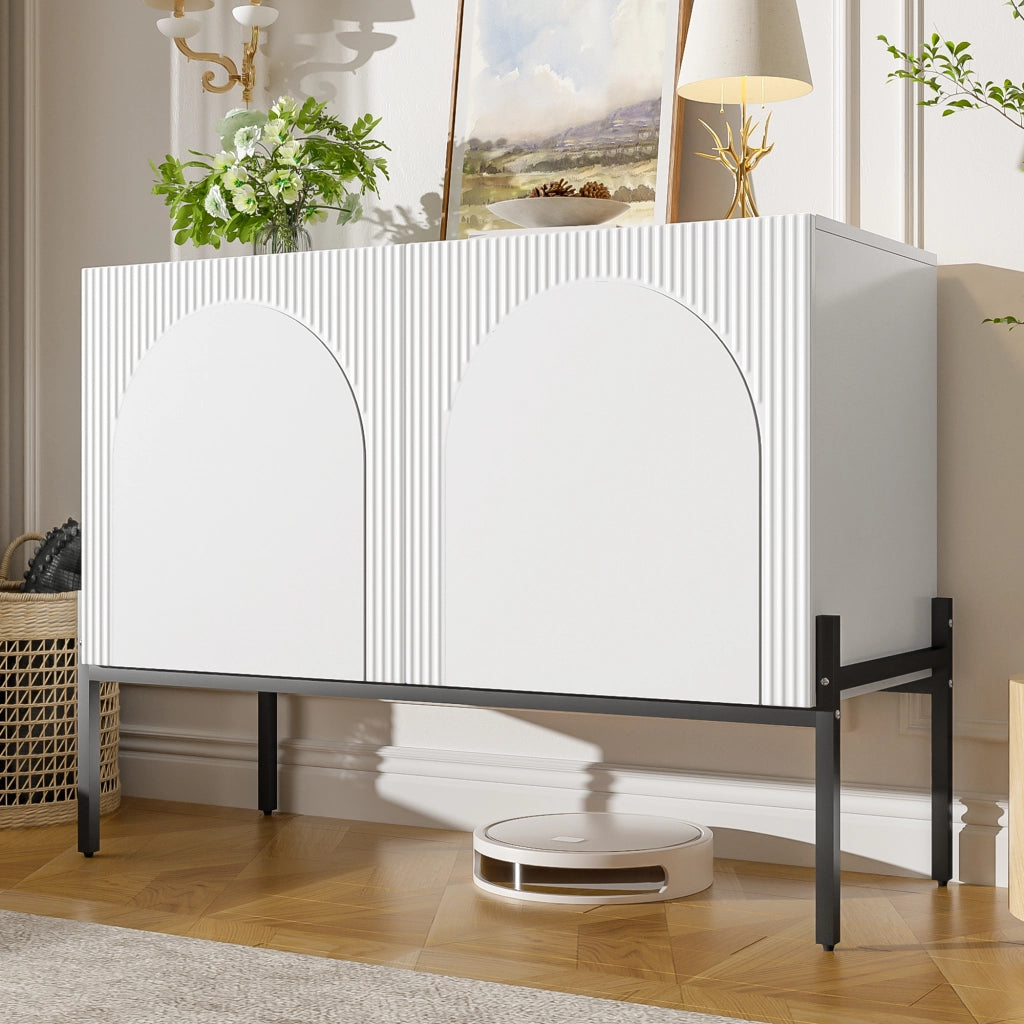 Credenza a 2 ante con gambe in metallo e design ad arco, per soggiorno e sala da pranzo, bianca, 100 × 40 × 75 cm