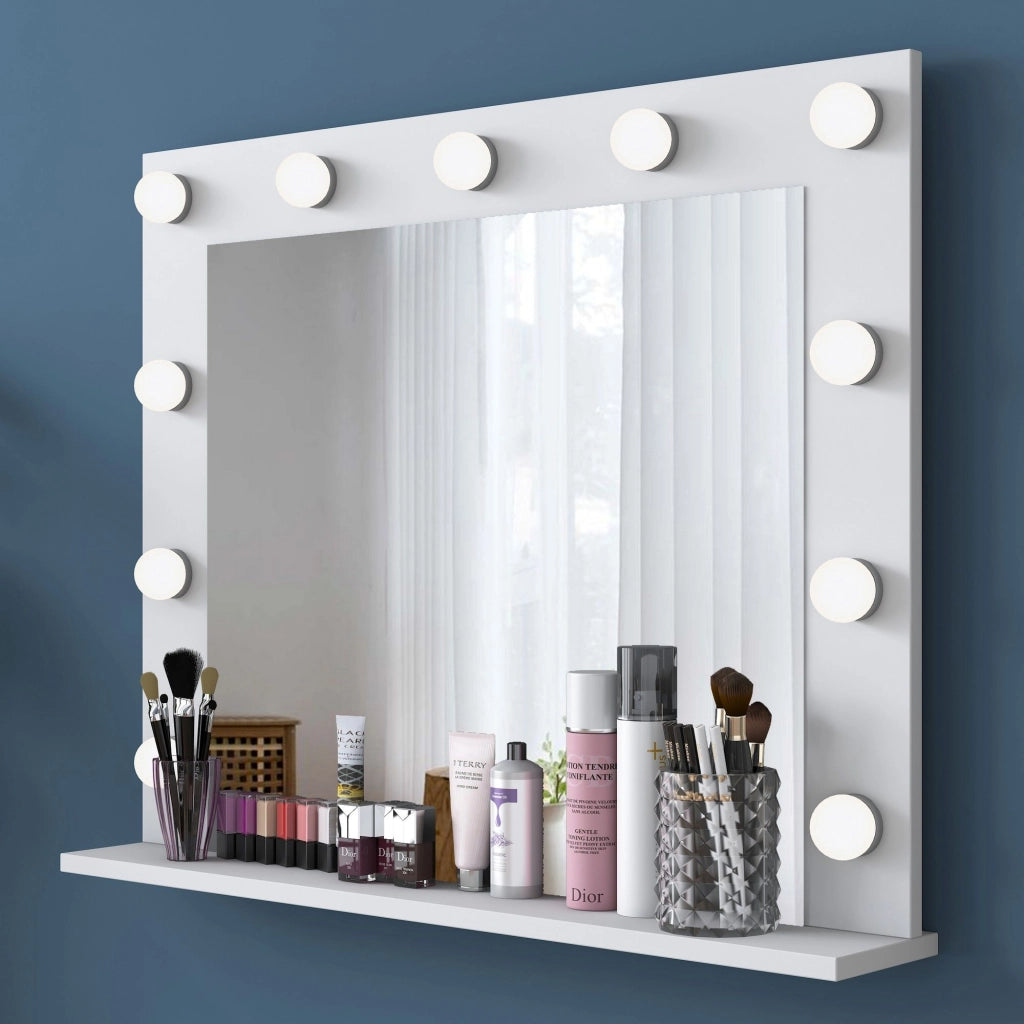 Storo, Specchio con Mensola e Lampadine, 90x72h cm Bianco