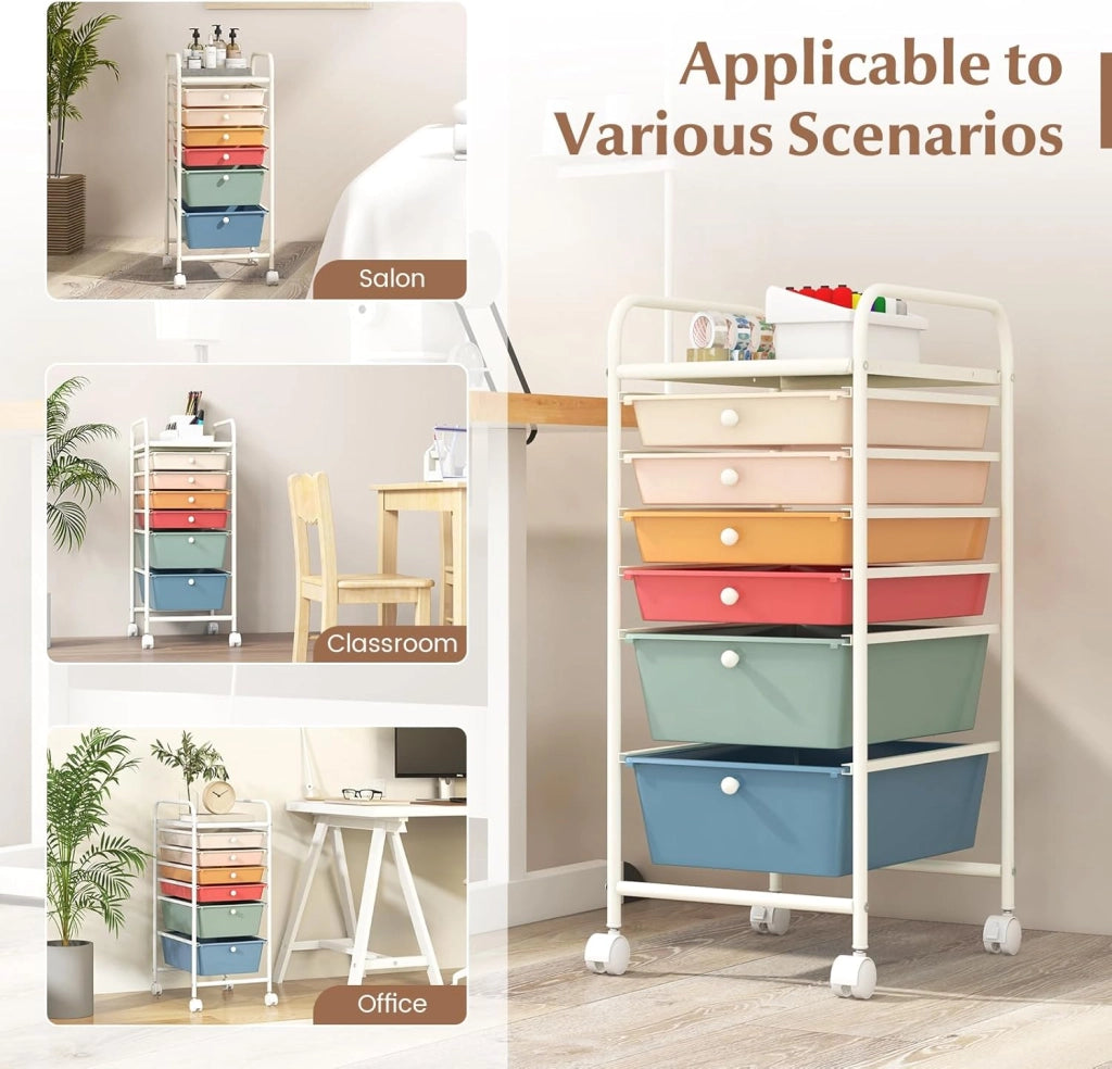 Carrello con 6 cassetti impilabili, carrello per cassetti, carrello da cucina con ruote bloccabili, carrello portaoggetti, carrello in metallo, per cucina, ufficio (colorato)