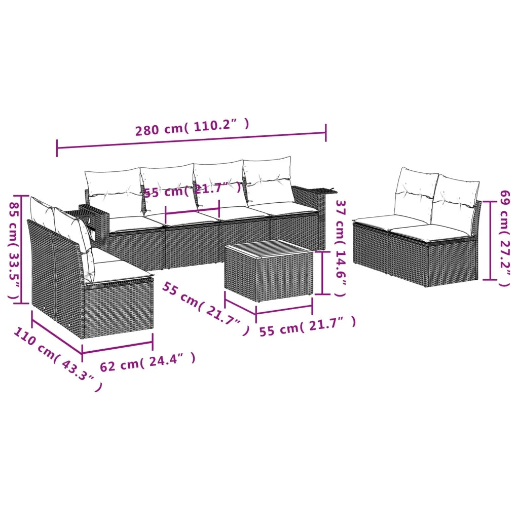 Set Divani da Giardino 9 pz con Cuscini Nero in Polyrattan 3256853