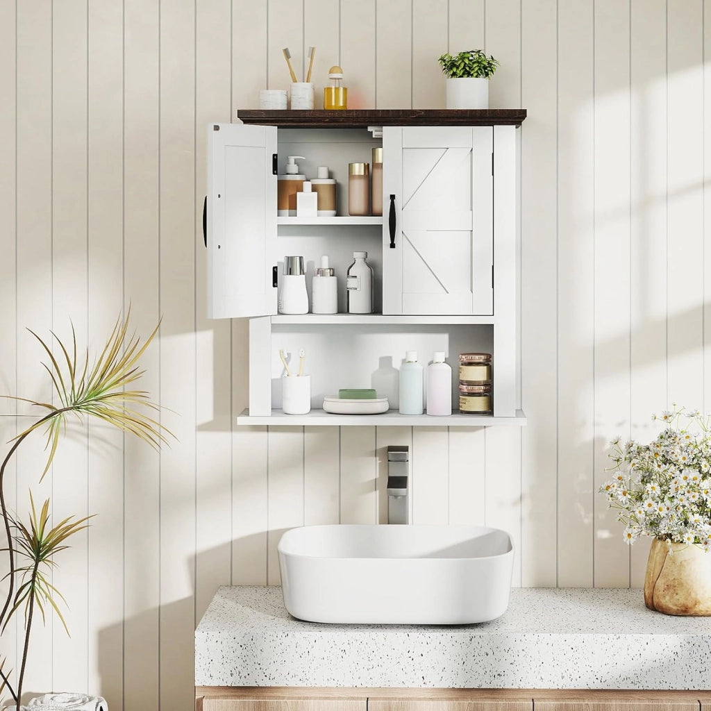 Mobile da Parete per Bagno, Mobiletto Bagno a Muro in Stile Rustico con Ripiano Regolabile e Scomparto Aperto, Armadietto per Soggiorno, Cucina e Ingresso, 55 x 19 x 60 cm (Bianco)