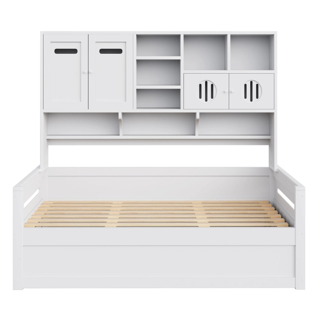Letto a Divanetto Singolo 90 x 200 cm; Contenitore e Mensole - in Legno - Bianco
