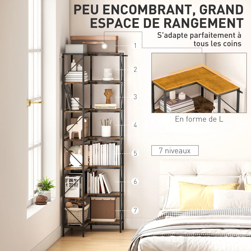 Libreria d'angolo industriale 7 livelli ¨C zephmum ¨C 60x60x198 cm marrone