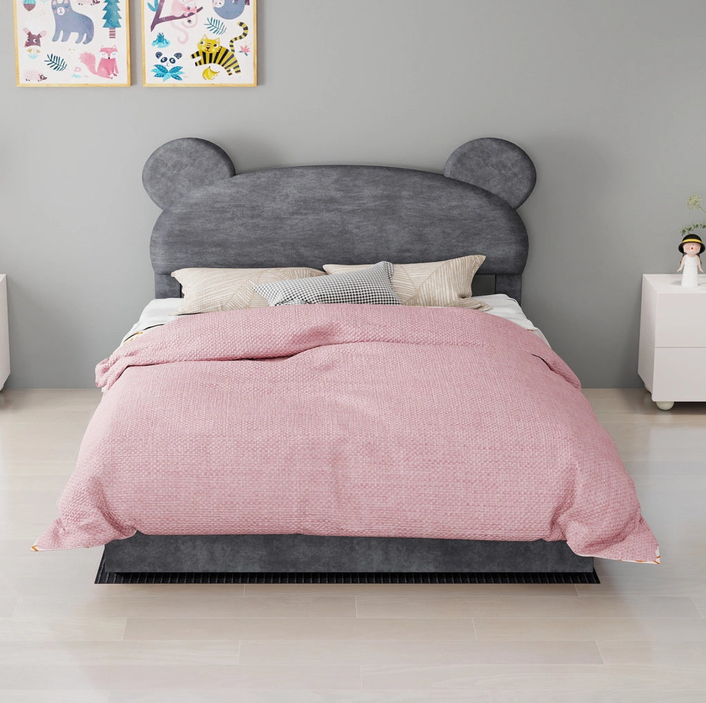 Letto imbottito 140x200 cm con contenitore a sollevamento pneumatico; testiera sagomata grigia