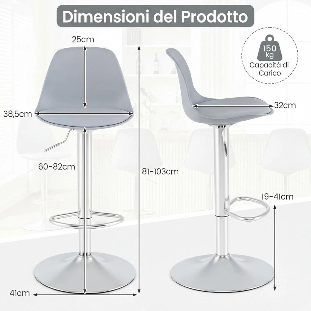 Set da 2 Sgabelli da Bar, Sedie da Banco alte Rivestite in Ecopelle con Schienale, Sedili Imbottiti e Poggiapiedi, Sgabelli Girevoli Regolabili per Bar Domestici e Isole Cucina (Grigio)