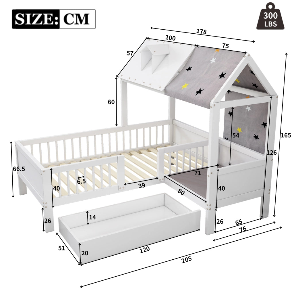 Letto per bambini a casetta 90x200 cm con cassetti in legno massello e MDF bianco