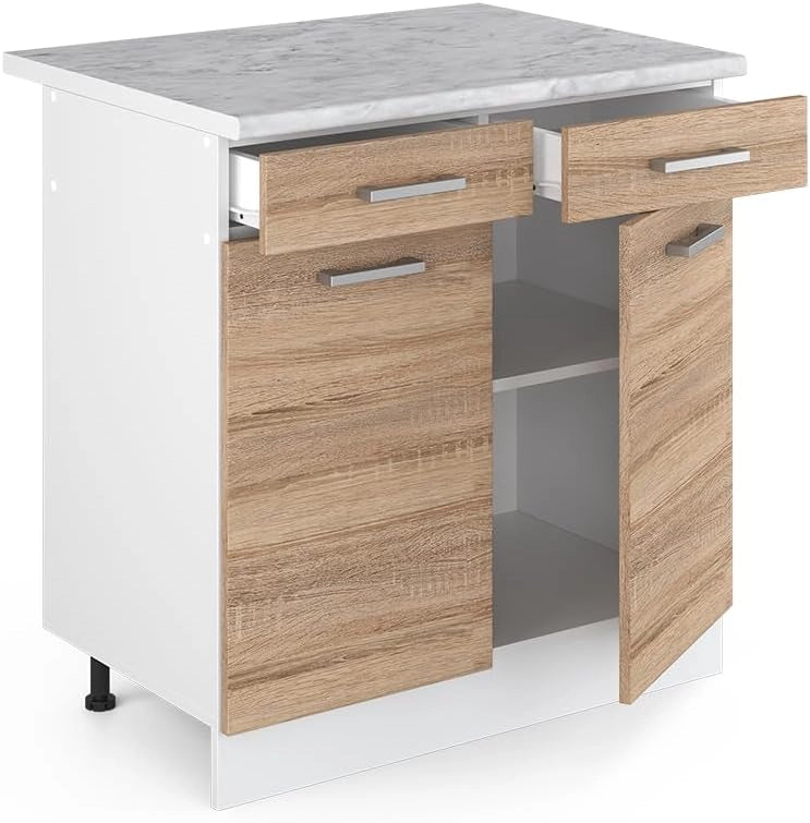 Mobiletto base per cucina R-Line, Sonoma, 80 cm, PL Marmo, per la libera combinazione all'interno di sistemi cucina modulari