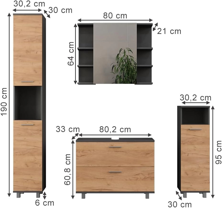 Set di mobili da bagno Ilias, Quercia dorata/antracite, 80.2 cm, composto da mobile lavabo, pensile a specchio, colonna e base media