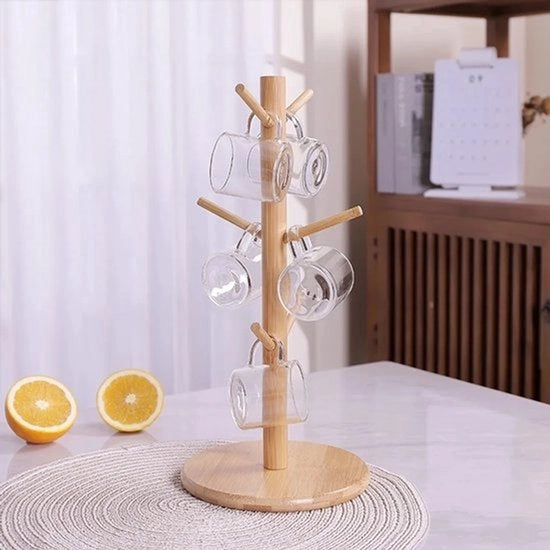 Sostegno per tazze in forma di albero di bambù e legno, adatto per la sala e la cucina, supporto per tazze in legno per il tavolo da lavoro con 6 ganci.
