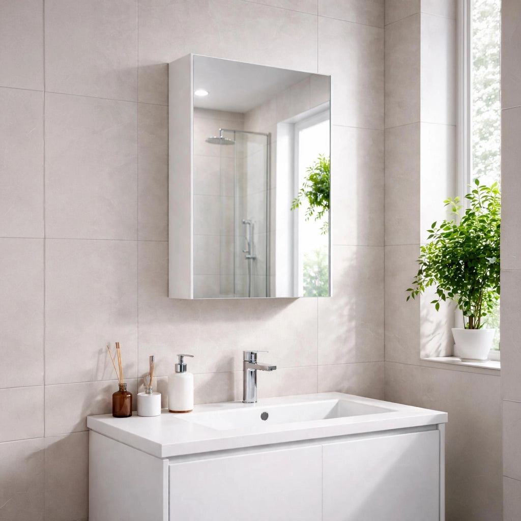 Mobile Pensile Bagno Con Anta A Specchio E Ripiani Interni Design Moderno Minimal Salvaspazio In Melaminico Per Arredo Bagno 65 X 40 X 21 Cm Bianco