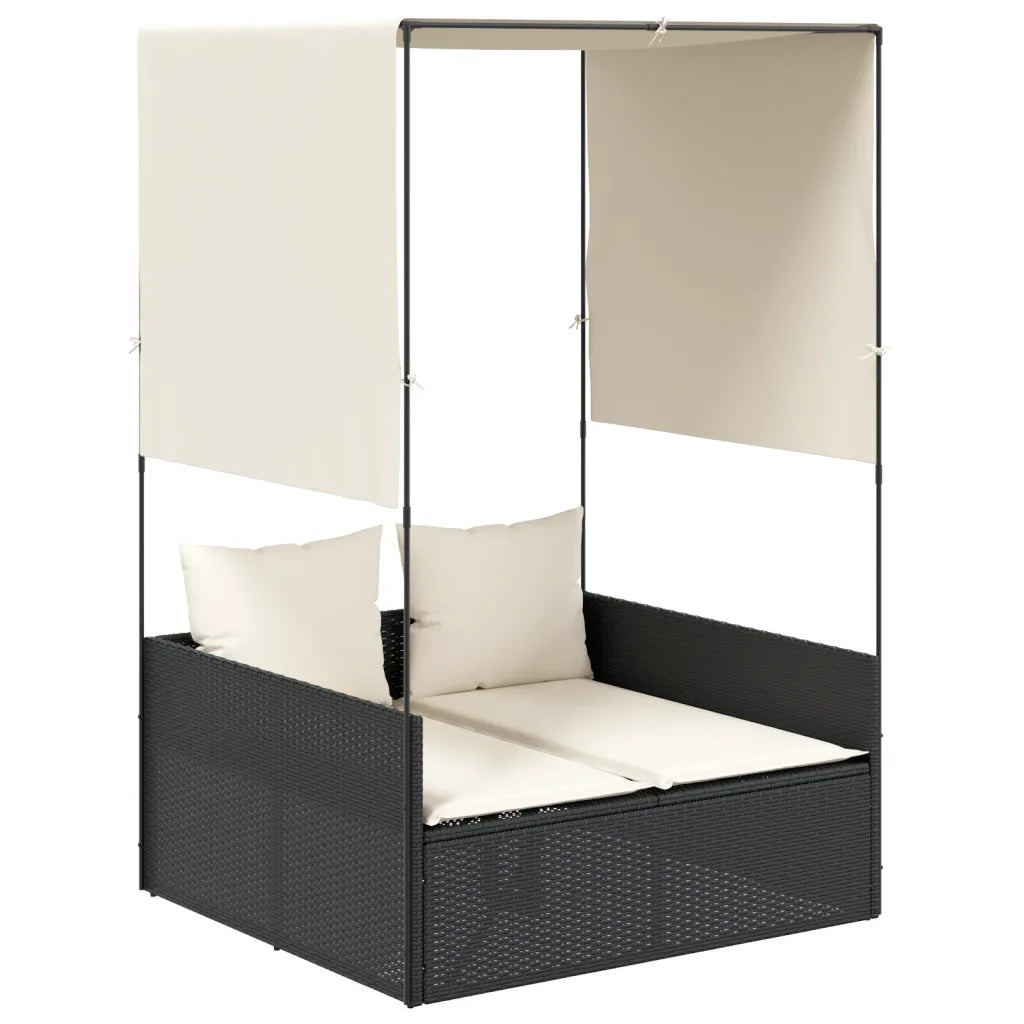 Lettino Prendisole con Tetto e Tende Nero in Polyrattan 4002755